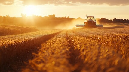 Fototapeta premium Harvesting Machinery Working in Vast Field Under Clear Blue Sky with Lush Green Crops in Background