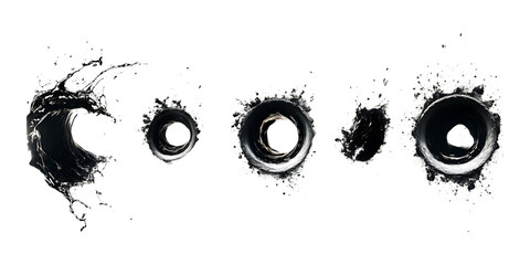 Black ink splatter forming abstract shapes perfect for grunge design elements or advertising borders on transparent background.