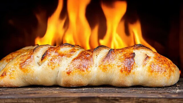Golden brown bread baking in a wood-fired oven with vibrant flames creating a warm, rustic ambiance inside the kitchen.