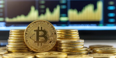 A stack of gold Bitcoins next to a computer monitor, suitable for financial or technology related themes