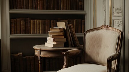 Stack of Vintage Books on Antique Side Table Next to Armchair