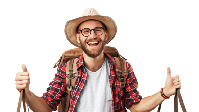Portrait vogue smiling handsome young man isolated on transparent background. Concept of tourism and summer