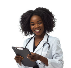 Happy african female doctor with stethoscope on transparent background