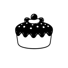 A bold black and white illustration of a frosted cupcake, adorned with decorative toppings and a single cherry.