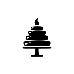 A minimalist, isolated black and white icon of a tiered cake atop a cake stand, featuring a single stylized flame at the apex.