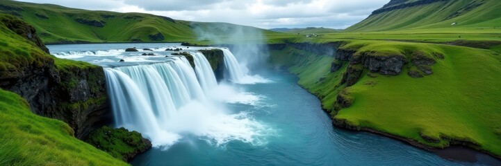 Fototapeta premium Powerful Skogafoss torrent, lush green setting, beauty, outdoor, destination
