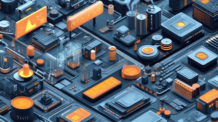 Futuristic city, intricate circuit board, factory, data stream background