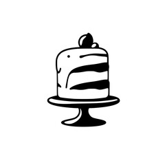 Minimalist Black and White Illustration of a Tiered Cake with Topping on a Pedestal Cake Stand, Against a White Backdrop.