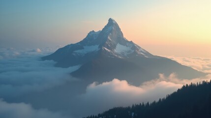 A towering misty mountain peak emerging above dense clouds, bathed in golden sunlight, its rugged slopes glowing as morning light breaks through.
