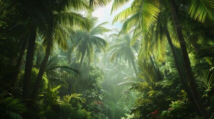 Naklejka premium Lush Tropical Jungle with Diverse Palm Trees in Earthy Colors
