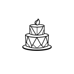 Geometric Black and White Two-Tiered Birthday Cake with a Candle, Simple Vector Illustration on White.
