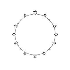 Whimsical celestial circular frame composed of hand-drawn star elements, with a minimalist design on a white background.