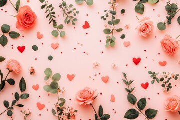 Flat lay of peach roses, eucalyptus, confetti hearts on pink background.