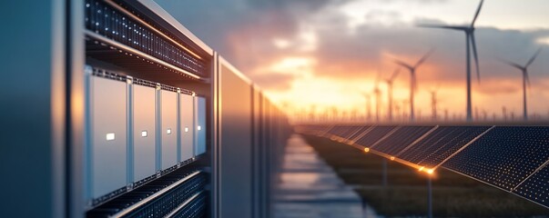 A photorealistic image of an energy storage system with rows of battery cells, seamlessly integrated into the landscape background of wind turbines and solar panels