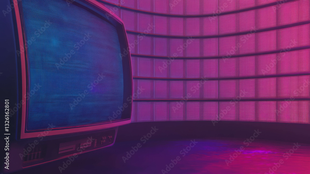 Poster Retro crt display with vibrant curved screen in futuristic neon environment