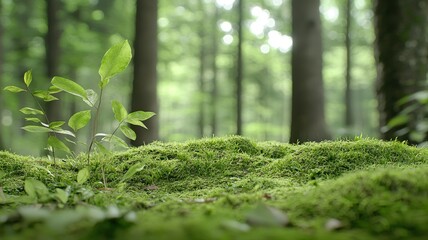 Obraz premium Lush green forest floor with vibrant moss and young plants in serene woodland setting.