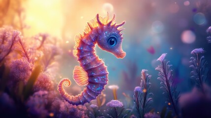 Obraz premium A Colorful Stylized Seahorse Swimming Among Aquatic Vegetation