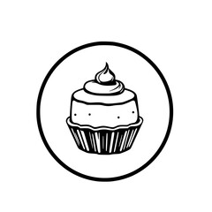 Simple black and white illustration of a cupcake, centered within a circular border, on a white background.