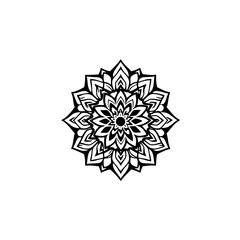 Black and white mandala illustration featuring symmetrical floral design and intricate patterns on a clean, minimalist white background.