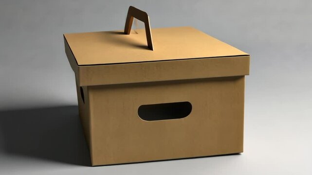 Cardboard box with handle: lifting, opening, and revealing interior in sequence