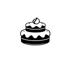 Two-tiered Black and White Cake Icon with a single flame topping in a minimalistic style, against a white background.