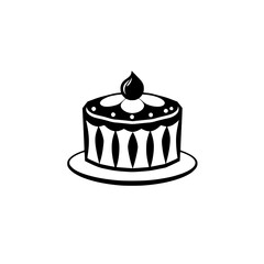 A simplistic, black-and-white illustration of a round cake with oval-shaped embellishments, on a plate, and a teardrop-shaped topping.