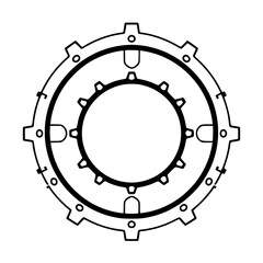 Naklejka premium Circular black and white gear system illustration featuring concentric rings, teeth, stylized design, and a mechanical aesthetic.