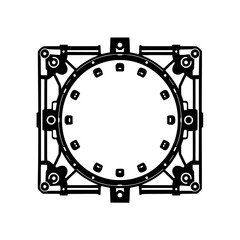 Geometric Monochrome Illustration of a Square and Circular Mechanical Structure, Futuristic Design, Architectural Layout.