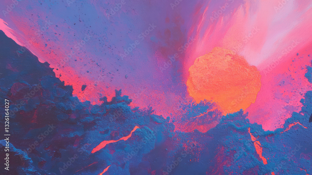 Poster vivid erupting volcano texture with fiery ash explosion for abstract design