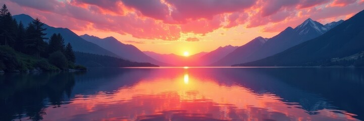 Serene sunset paints pristine mountain lake, perfect reflection , stillness, panorama, purple