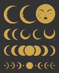 Collection of crescent and moon celestial emblems. Crescents with human face, moon phases, eclipse. Decorative space elements. Vector illustration