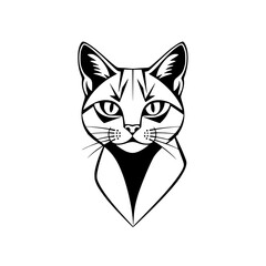 Intricate black and white stylized illustration of a cat's face, showing piercing eyes, geometric features, and elegant lines against a stark white background.