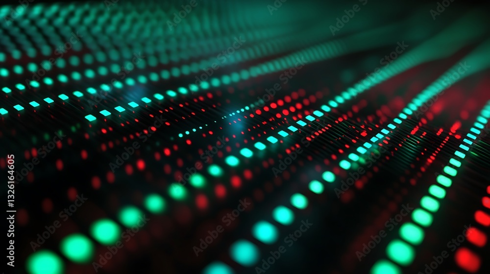 Poster abstract background with colorful dots displaying patterns of light and energy in red and green hues