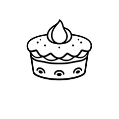 Simple black and white line art illustration of a cupcake with piped frosting and decorative details on a white background.