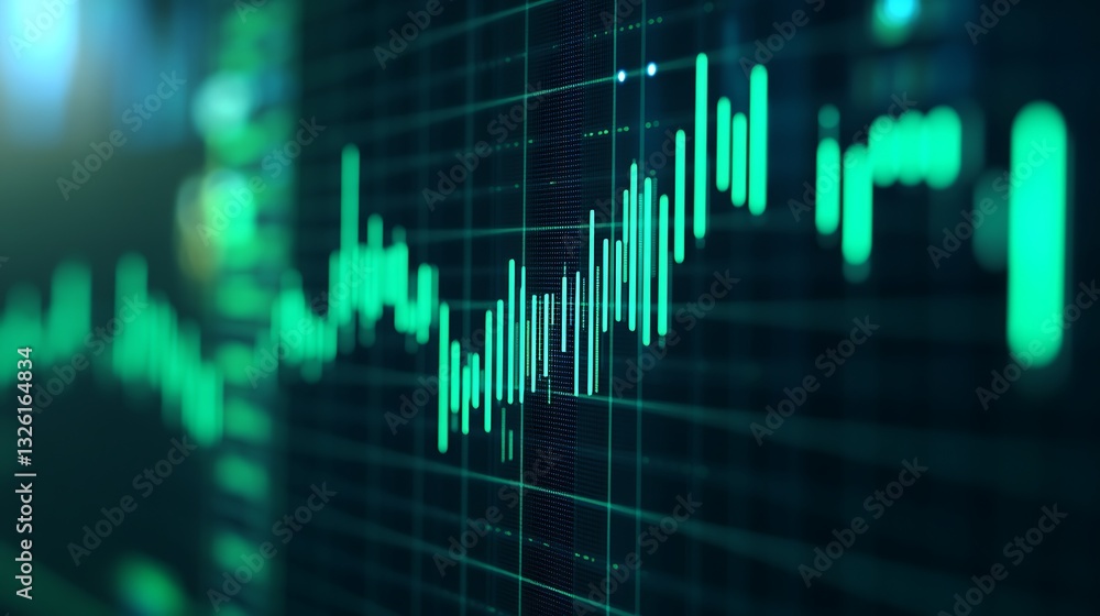 Poster abstract chart display with vibrant green light and data trends on a digital interface