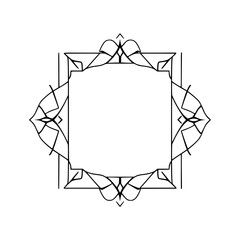 Fototapeta premium Elegant geometric symmetrical ornate black and white frame with curved flourishes and rectangular interior.