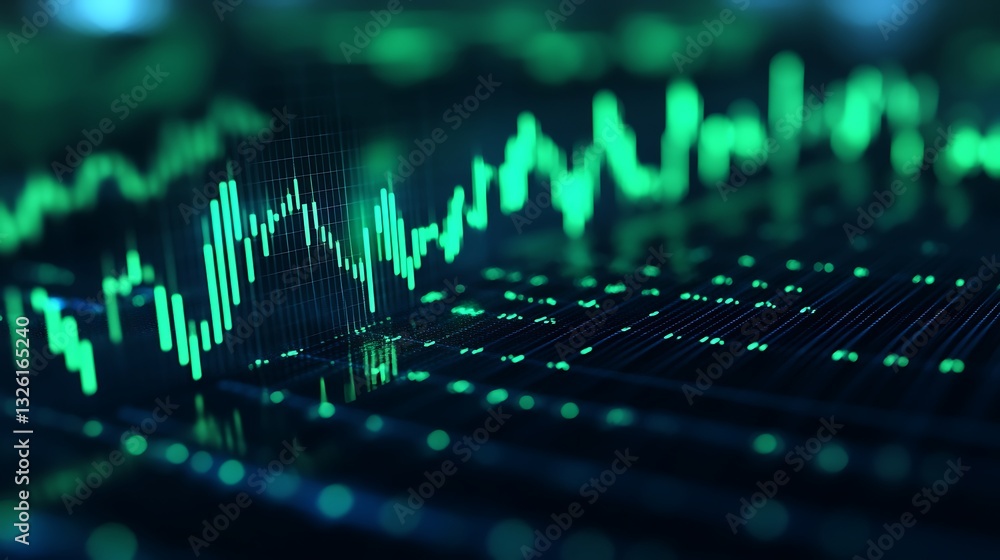 Poster abstract data visualisation with green neon elements and graphical lines representing information fl