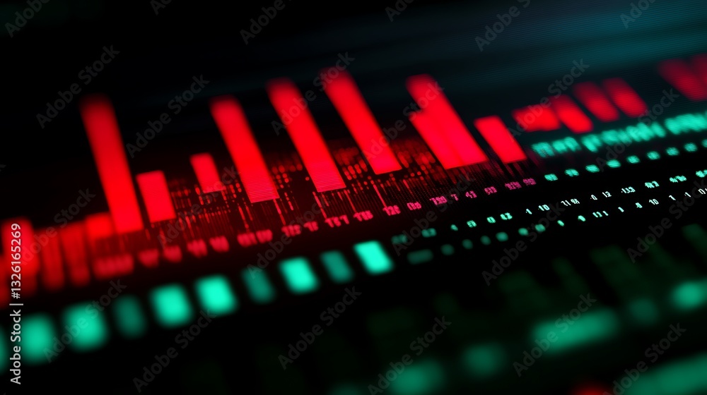 Poster abstract data visualization in red and green with sound waves and bars representing information flow