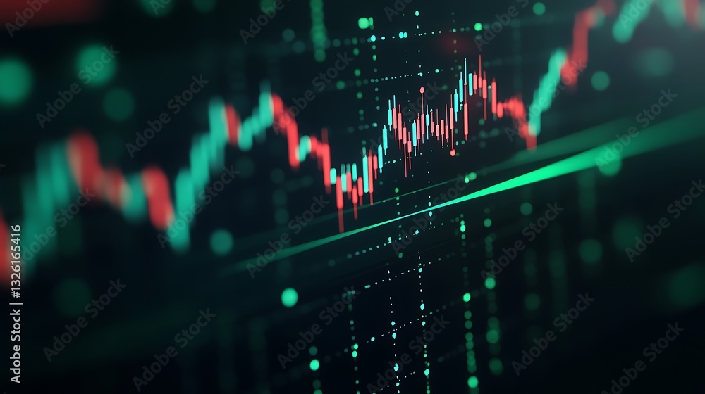 Poster abstract data visualization of financial market with green and red candlestick graphs and digital el