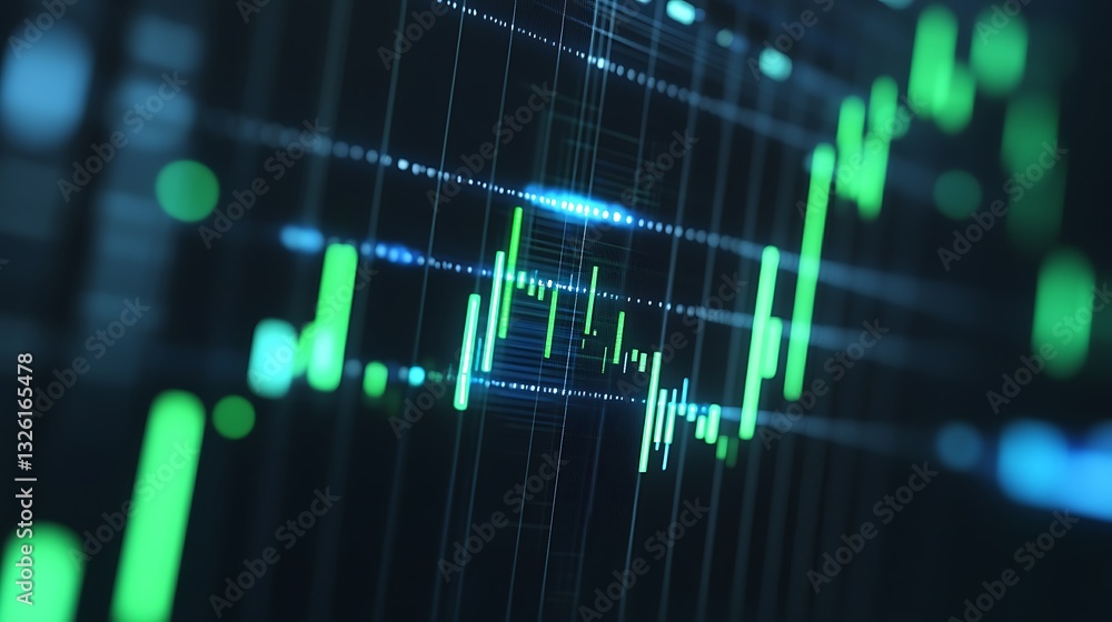 Poster abstract data visualization of stock market trends and fluctuations with bright green lines and grap