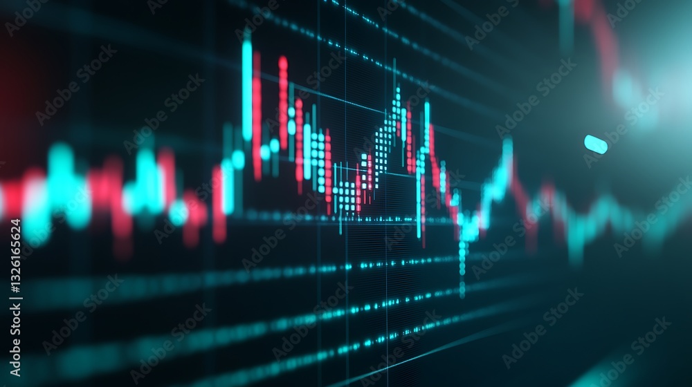 Poster abstract data visualization of stock market trends with colorful candlestick chart and digital eleme
