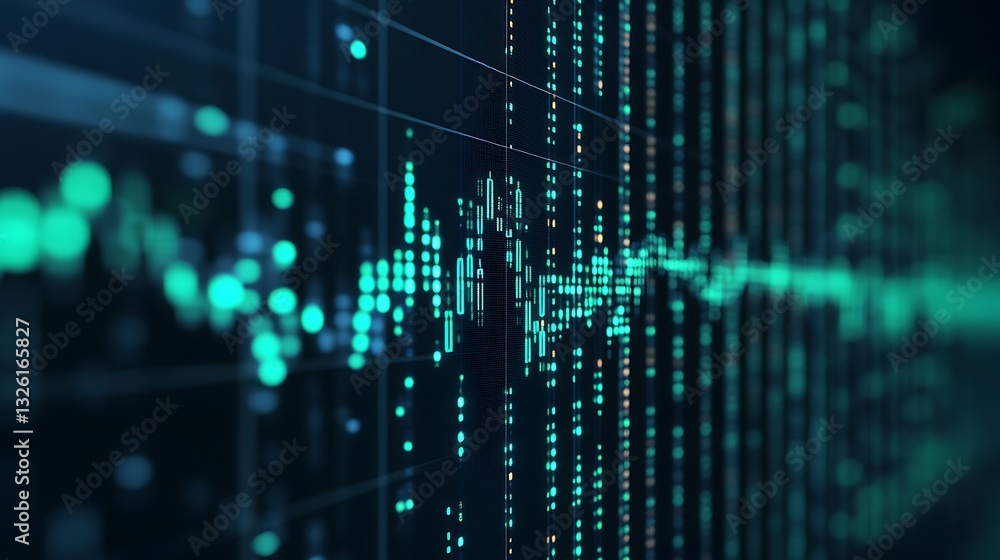 Poster abstract data visualization with digital chart elements and glowing particles in blue and green tone