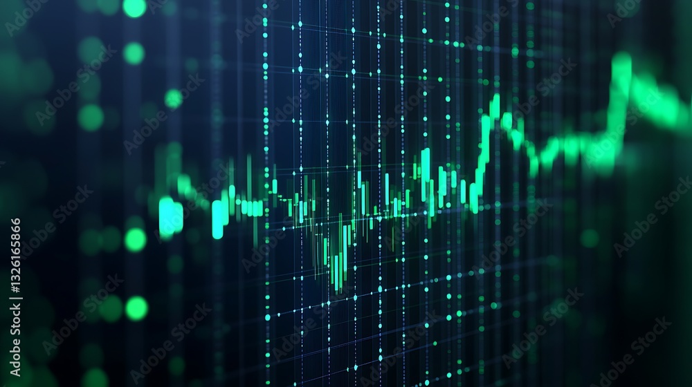 Poster abstract data visualization with glowing green graph line on dark digital grid background showcasing