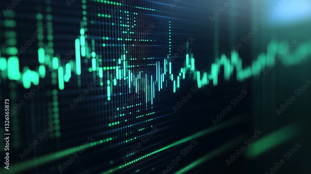 Poster abstract data visualization with green and black background featuring graphical metrics and charts