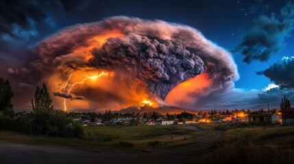 A dramatic explosion from a volcanic peak, with a giant ash cloud spreading across the sky and lightning bolts striking through it