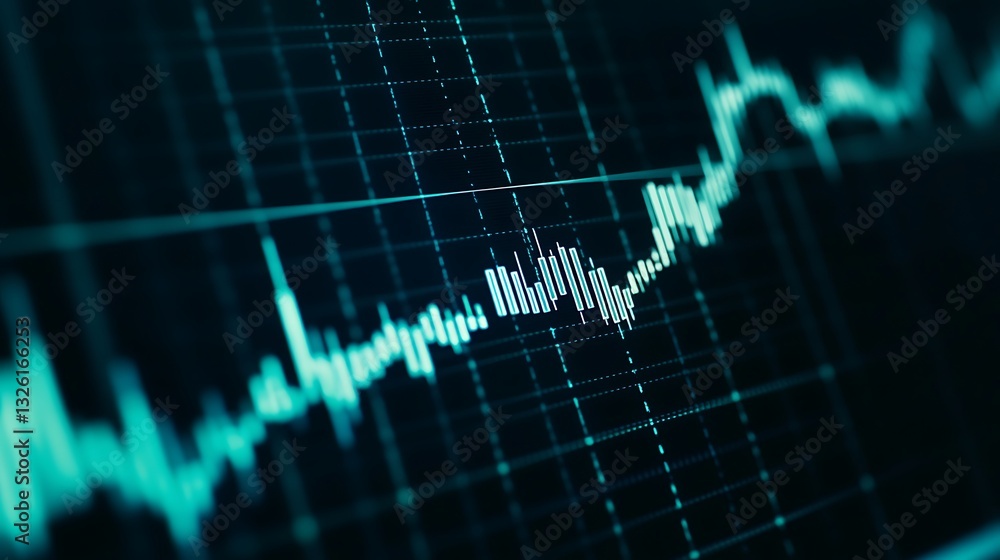 Poster abstract data visualization with stock market trend graph displaying fluctuations and peaks in finan
