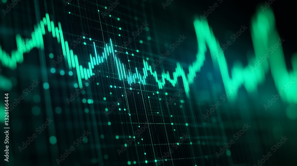 Poster abstract digital background of data visualization with green light waveform pattern and graphs