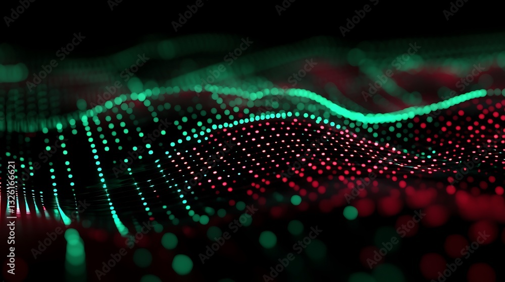 Poster abstract digital background with colorful dots and wavy patterns in green and red shades