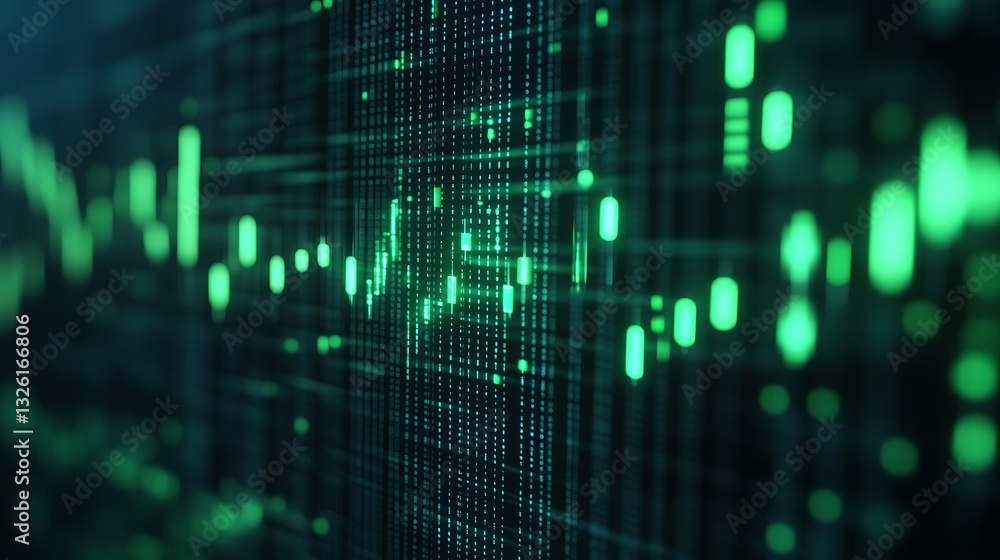 Poster abstract digital background with data stream and green light wave patterns in technology concept