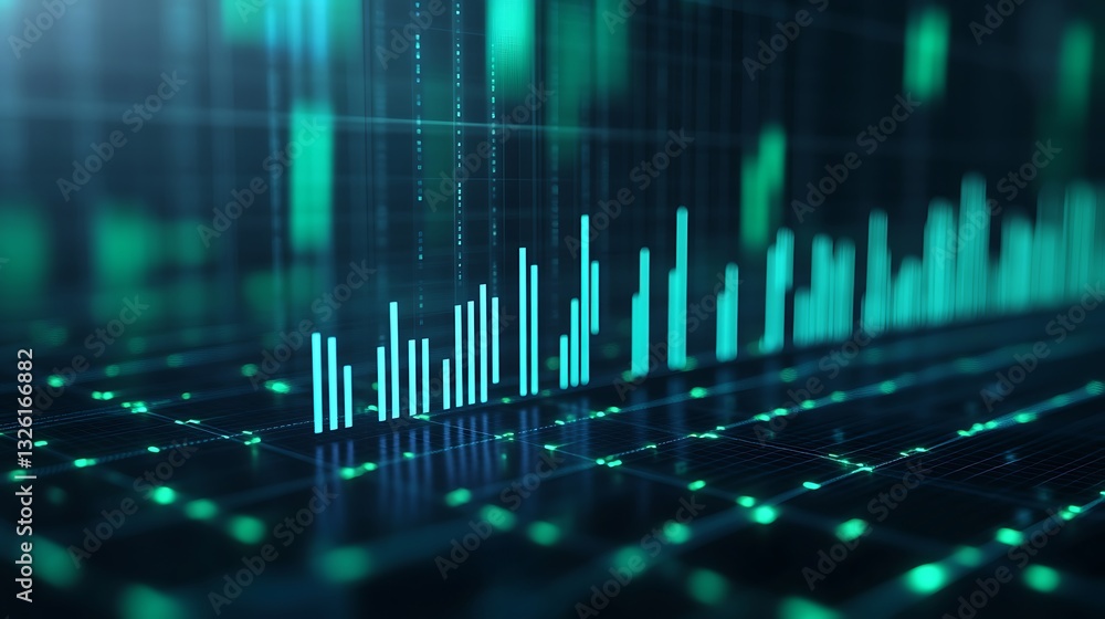 Poster abstract digital background with data visualization, chart, and financial metrics in shades of blue 